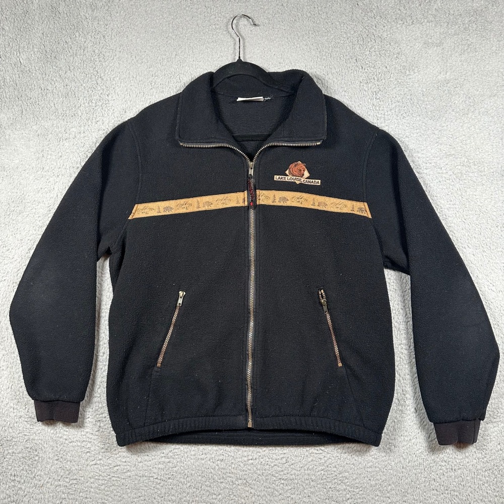 VTG The Shirt Company‎ Lake Louise Fleece Jacket Black Grizzly Bear Full Zip XL